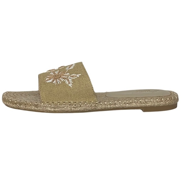 Badgley Mischka Espadrille Slides, Tan & White Raffia Embroidery, Beads, Floral - Picture 2 of 12